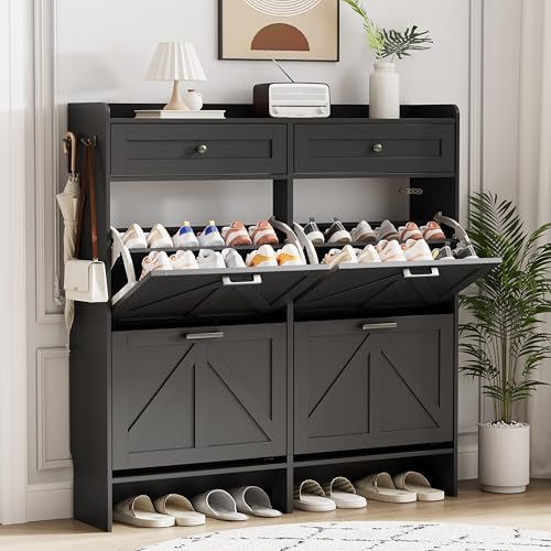 Image of Shoe Cabinet with 4 Flip Drawers & 2 Top Drawers, 43 inch Tall Freestanding Narrow Wooden Shoe Storage Organizer for Entryway, Hidden Slim Shoe Rack for Front Door Entrance, Hallway, Living Room, Black
