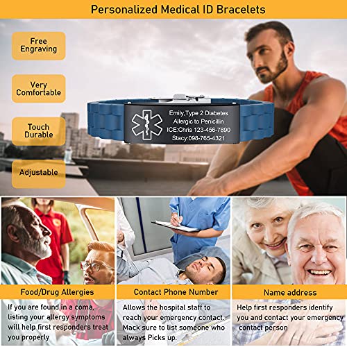 Vnox Blue Medical Alert Bracelets For Men & Women With Adjustable Sport Silicone Medical Id Bracelets Wristband #TOP1