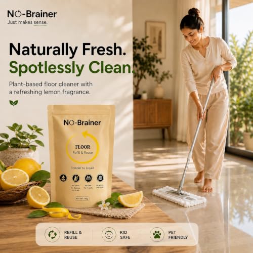 Image of No Brainer Plant-Based Floor Cleaner Concentrate Powder, Phenyl Alternative | Powder-to-Liquid, 2 Pouches Make 2 Litres, Citrus Fresh | Marble, Tiles, Wood, No Plastic Waste | Baby & Pet Safe