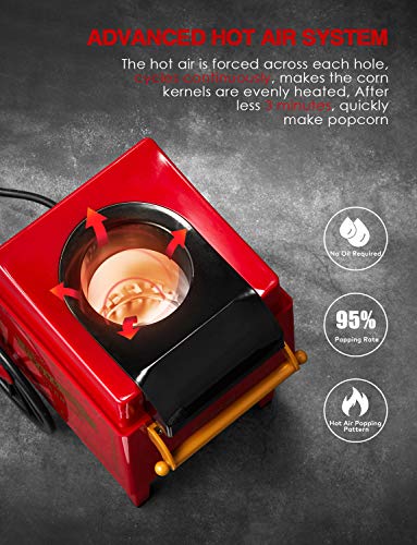 Machine à Pop Corn, 1200W Retro Machine à Popcorn avec Air Chaud, Sans Gras Huile, Facile á L'utilisation, Rouge