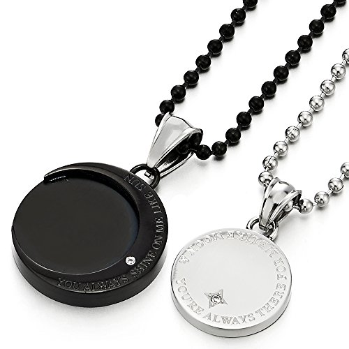 COOLSTEELANDBEYOND A Pair Couples Lovers Steel Moon and Sun Pendant Necklace with Cubic Zirconia for Man Woman Friends3