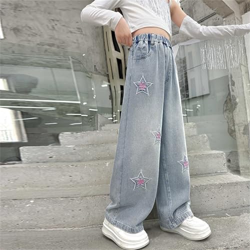 Girls Star Print Baggy Jeans 𝐘2K Elastic High Waist Pants Youth Wide Leg Straight Loose Denim Trousers with Pokets3