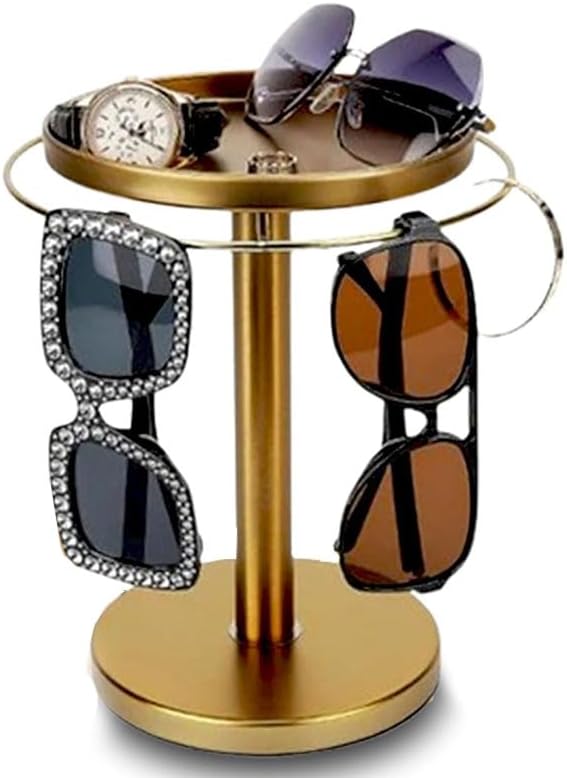 360° Rotating Glasses Stand Organizer - Stainless Steel Eyeglass Display Rack with Wood Tray, Space-Saving Sunglasses Holder for Desk, Dresser, Nightstand | Home Decor Storage Solution (Glod)
