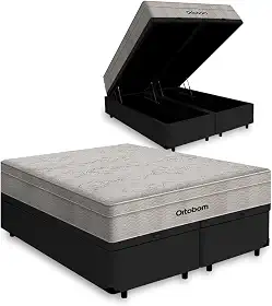 Cama Box Baú + Colchão de Molas Ensacadas - AirTech SpringPocket - Ortobom (Preto, Queen)