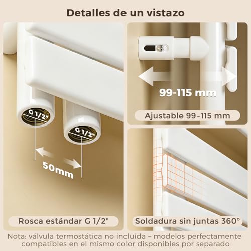 Miniatura 5 de S Afielina Radiador De Diseño Para Baño, Toallero Blanco, Panel Plano, Conexión Central, 1599x600mm, Radiador Para Baño, Secador De Toallas, 958 Vatios Válvula No Incluida