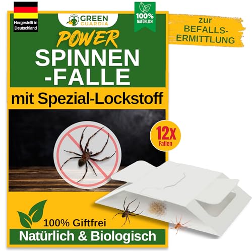 GREEN GUARDIA Spinnen Falle mit Spezial-Lockstoff - 12x Spinnen Fallen - umweltfreundlich Spinnen bekämpfen Chemiefreie Falle mit starker Klebefläche giftfrei & geruchsneutral