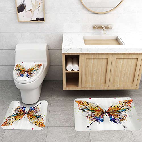 3-teilig Badematten Set, 3D Digitaldruck Schmetterling Badteppich Sets rutschfest Badvorleger Farbe Waschbar U-Förmiger…
