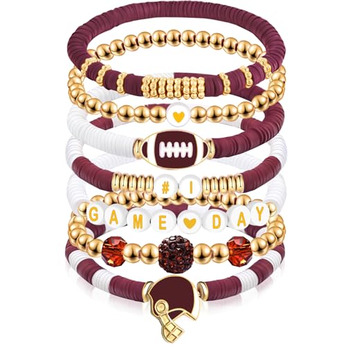 Kopuscristing Game Day #1 Bracelet Football Charm Beaded Stretch Bracelet Sports Jewelry for Football Dads Moms Coaches Fans Gifts (Burgundy)