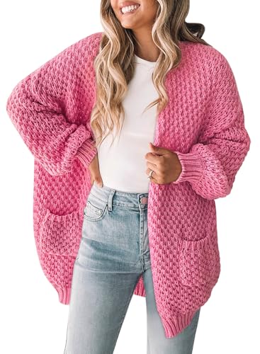 Pink Queen Oversized Cardigans for Women Open Front Solid Sweaters Long Sleeve Knitted Coats Rose Red M