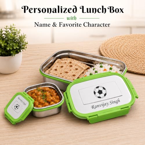 Image of SAVRI Personalized Stainless Steel Lunch Box Set with Name & Character Engraved - Big Tiffin with Small Box - Perfect for Kids, Birthdays, Return Gifts, School Use - (Green)