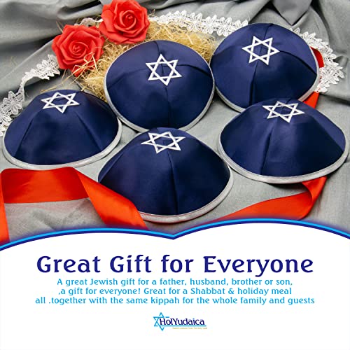 Image of Pack of 10-Pcs Hq 20cm Satin Kippah with Silver /Gold String+Star of David for Men & Boys, Yamaka Hat from Israel, Kippot Bulk (Blue Silver)