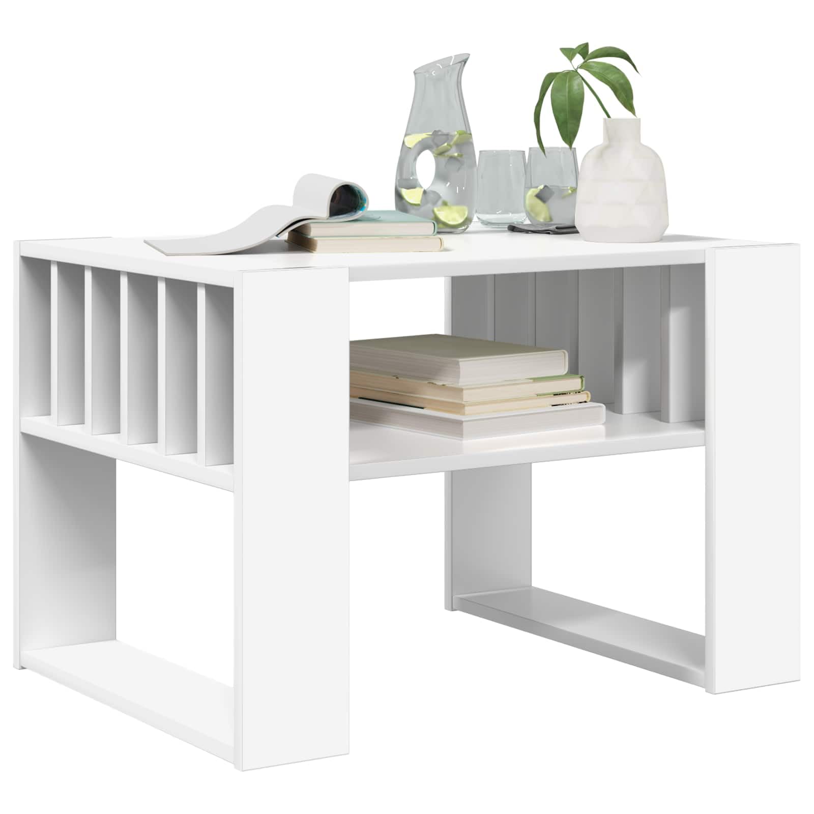 Mesa de centro blanca de 66 x 49,5 x 45 cm, material de madera, moderna mesa de salón con estante y espacio de almacenamiento para salón, habitación de invitados, oficina, pasillo, recepción