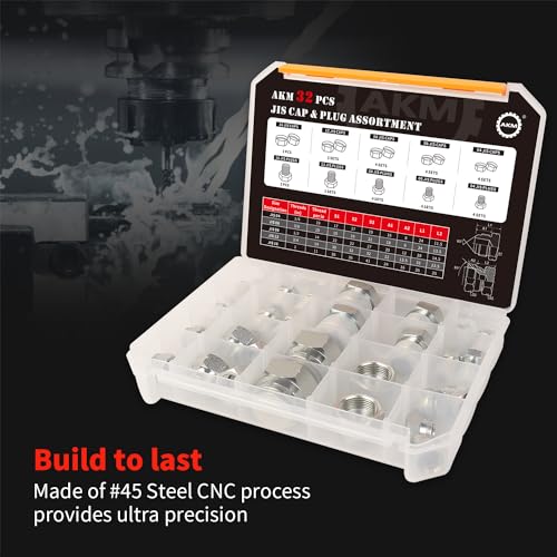 Image of AKM 32 Pcs JIS Cap & Plug Assortment Hydraulic Adapter Fitting Kit Set, Galvanized Steel with Precision Threading 4 6 8 12 16 20