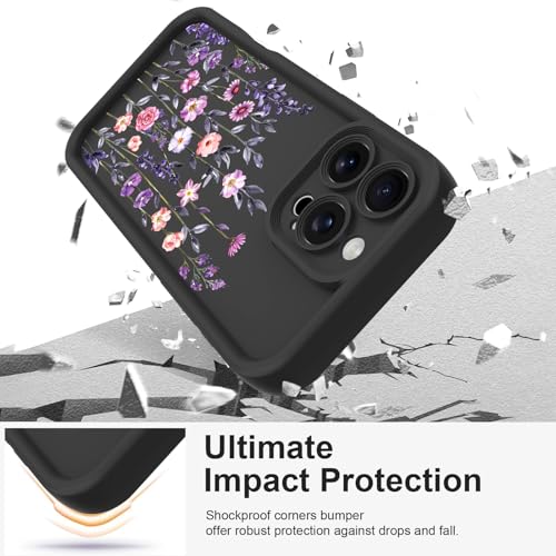 Image of Designed for iPhone 16 Pro Case, Cute Flower Floral Pattern Design, Thickened Soft TPU Liquid Silicone Protective Cover for Women Girls - Black