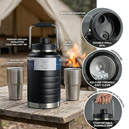 Image of Pack of 2 Insulated Water Bottle, Triple Wall Vacuum Stainless Steel Jug (Cold for 18+ Hrs), Leak Proof & Non-BPA, Water From Bottle for Hiking, Camping and Hotel (Black 2.1L+ 2L)