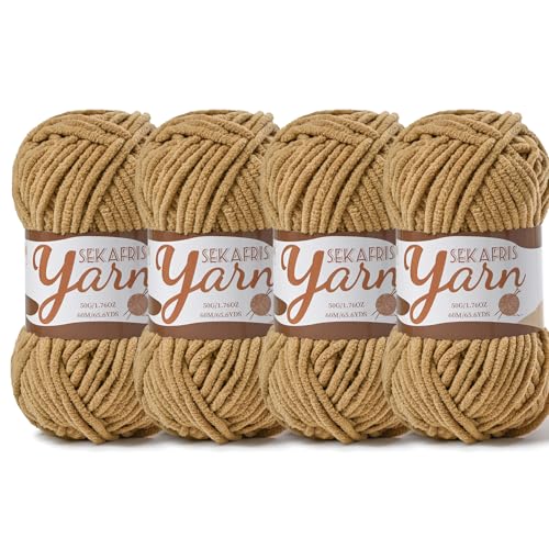 Image of 4 Pack Fluffy Velvet Yarn for Crocheting,Baby Blanket Yarn for Crocheting Soft,200g(262.4yds) Amigurumi Yarns,Plush Chenille Crochet Yarns,Puzzle Yarn for Crochet Weaving Craft(4 Light Coffee)