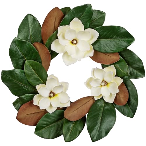 Hollyone Artificial Magnolia Wreaths for Front Door 20 Inch Faux Magnolia Flowers Wreath Greenery Leaf Wreath for Indoor Outdoor Home Window Farmhouse Mantel All Seasons Decor