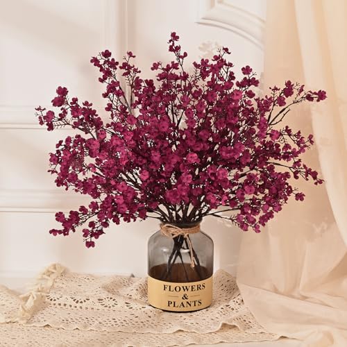 Yastouay Fake Fall Flowers Real Touch Silk Flowers 5Pcs Fall Burgundy Artificial Flowers for Decorations Babys Breath Artificial Flowers Bulk for Thanksgiving Fall Decor Floral Arrangement