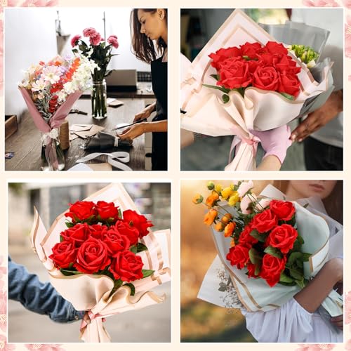 Hoemwarm 100 Sheets Color Flower Wrapping Paper Gold Edge Bouquet Accessories,23 Inch Florist Floral Bouquet Supplies Waterproof 4 Ribbons for Wedding Birthday Gift DIY Crafts - Thumbnail 7
