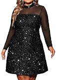 826 - Women Plus Size Long Mesh Sleeves Yoke Sequin Sewing Evening Party Prom Cocktail Dress (Mesh Black, 4X)