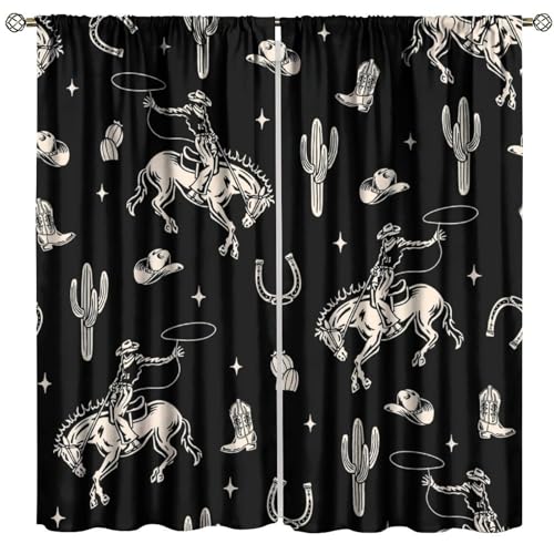 Image of SAISAIXU West Cowboy Curtain Seamless Western Elements Bull Skull Cactus Stars Rod Pocket Window Drapes for Bedroom Living Room Kitchen Cafe Office Decor （W21xL45 Inch） x2 Panels