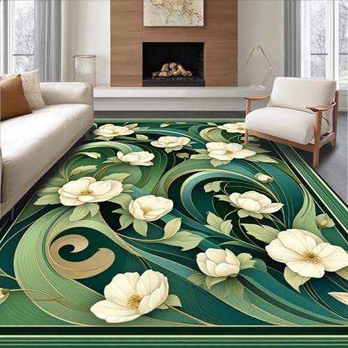Design&I Flatwoven Area Rug 4x6 ft, Art Nouveau Inspired Floral Waves with Curved Stem Accents, Machine Washable, Stain Resistant Indoor Rug for Living Room, Bedroom, Non Slip Decor (Pad)