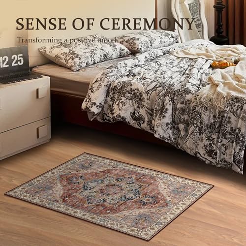 Boho Tribal Area Rug 2x3 Small Entranway Rug Bathroom Doormat Indoor Carpet Farmhouse RugFaux Wool Non-Slip Washable Low-Pile Floor Carpet for Indoor Front Entrance Kitchen Bathroom, Brickred