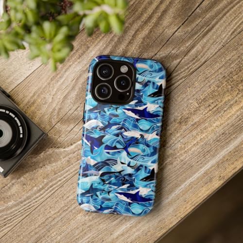 Coque rigide bleu océan vagues et requins finition brillante pour iPhone 16 Pro premium