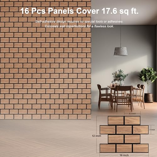 Image of WoveN SounD Brick Acoustic Panels, Teak, 16 Pack, 16x12 in | Self-Adhesive, Peel and Stick, NRC 0.95, Seamless Brick, Refined Sound, Home, Studio, Office, Theater