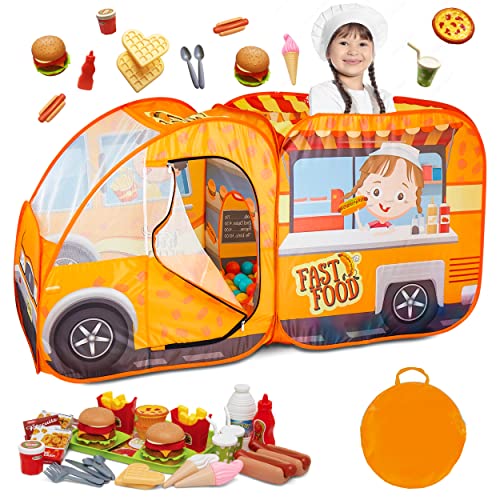 Food Truck Play Tent for Kids with 54 Pc. Play Food Set, Pop Up Playhouse with Pretend Play Toy Food Set for Kids, Toddlers, Girls & Boys, Childrenâ€™s Play Tent Ball Pit, Indoor & Outdoor Tent for Kids