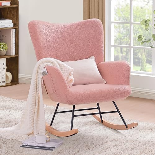 Image of VECELO Rocking Chair Nursery,Teddy Upholstered Glider Rocker with High Backrest,Rubber Wood Legs and Side Pocket,Modern Accent Armchairs Recliner for Reading,Living Room,Bedroom