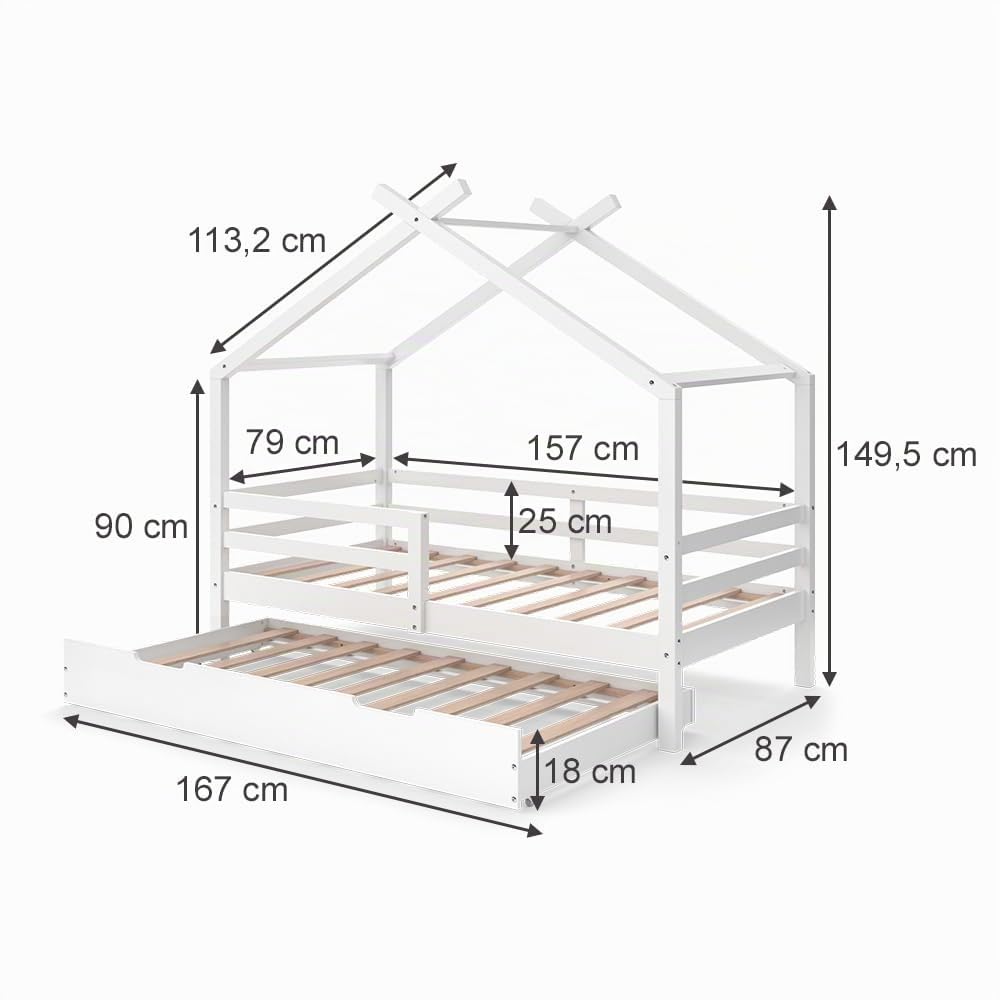 VitaliSpa Cama en Forma de casa Luni, Blanco, 160 x 80 cm | con cama extraíble para invitados, como un pequeño hogar para un ambiente cálido