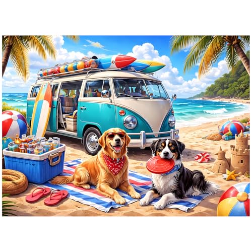 Rompecabezas de 500 piezas para adultos, escena playera con perro y auto, rompecabezas relajante de vacaciones con cachorros, actividad familiar ideal como regalo miniatura 1