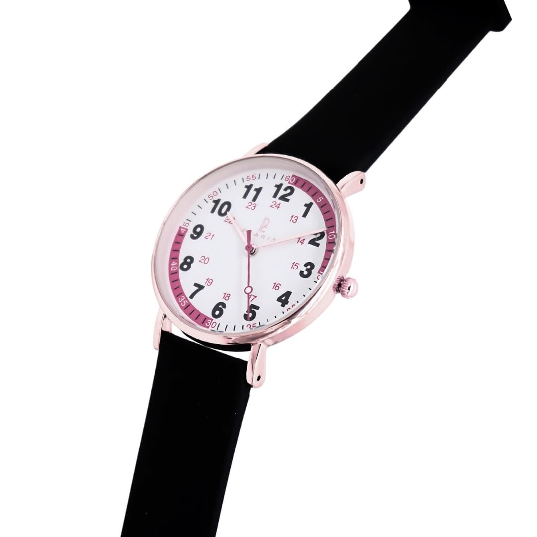 Plaris Nurse Watch for Medical Professionals,Nurses,Doctors,Students with Easy to Read Dial, Military Time, Second Hand and More Colors to Match Your Scrubs (Rosegold Black Quadrant)