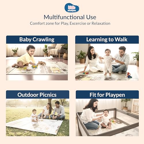Image of Kids Station Double-Sided Waterproof Baby Playmat - Foldable, Portable & Reversible Foam Mat for Infants, Toddlers & Kids - Soft, Non-Slip, Easy-to-Clean Baby Crawling Mat for Indoor /Outdoor Use (200x150x0.6cm, Bear & Moon-Star Print)