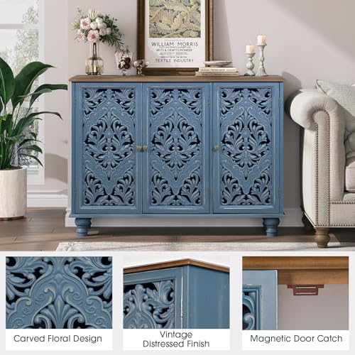Image of JOINICE 42.5 inch Accent Storage Cabinet with 3 Carved Doors,Blue & Walnut | Versatile Storage for Living Room & Dining Room & Bedroom & TV Stand, Solid Wood Legs, Farmhouse /Rustic Style, Easy Assembly