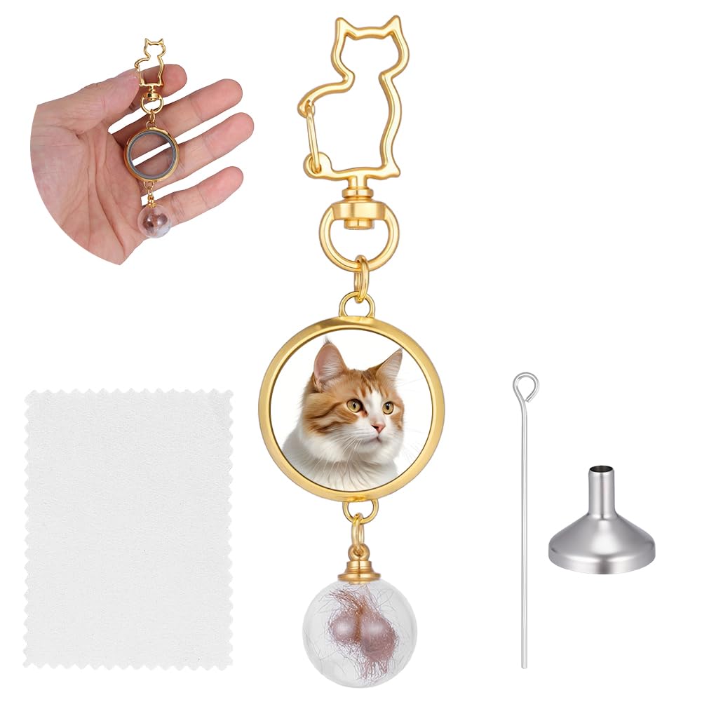 DELORIGIN Cat Memorial Fur Keepsake Keychain Pet Hair Ashes Memorial Keychain Glass Pet Memory Locket Pendant Cat Keyring for Urn Photo Storage Pet Loss Sympathy Gift Cat Lovers (Gold)