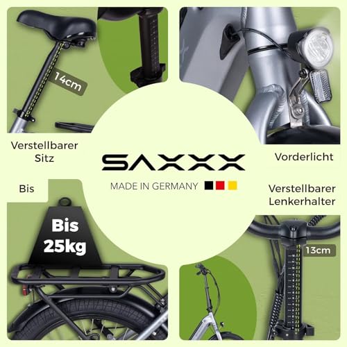 SAXXX Klapprad E-Bike, E Bike Klappbar 20 Zoll mit 7 Gang Kettenschaltung, Elektro Fahrrad Erwachsene mit 36V 11.4Ah Akku, Scheibenbremsen, 90KM Lange Range, Elektrofahrrad 25 km/h für Herren Damen – Bild 4