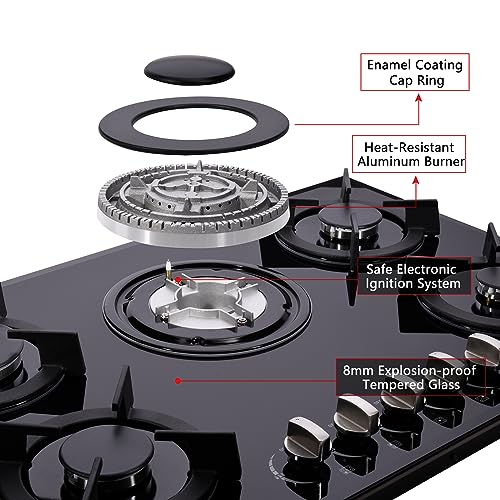 Tymetik TKG5008-G01 Gas Cooktop 30 Inch, Built-In Tempered Glass Gas Stovetop 5 High Efficiency Burners Gas Stove Top Propane/Natural Gas Convertible Gas Hob thumb #2