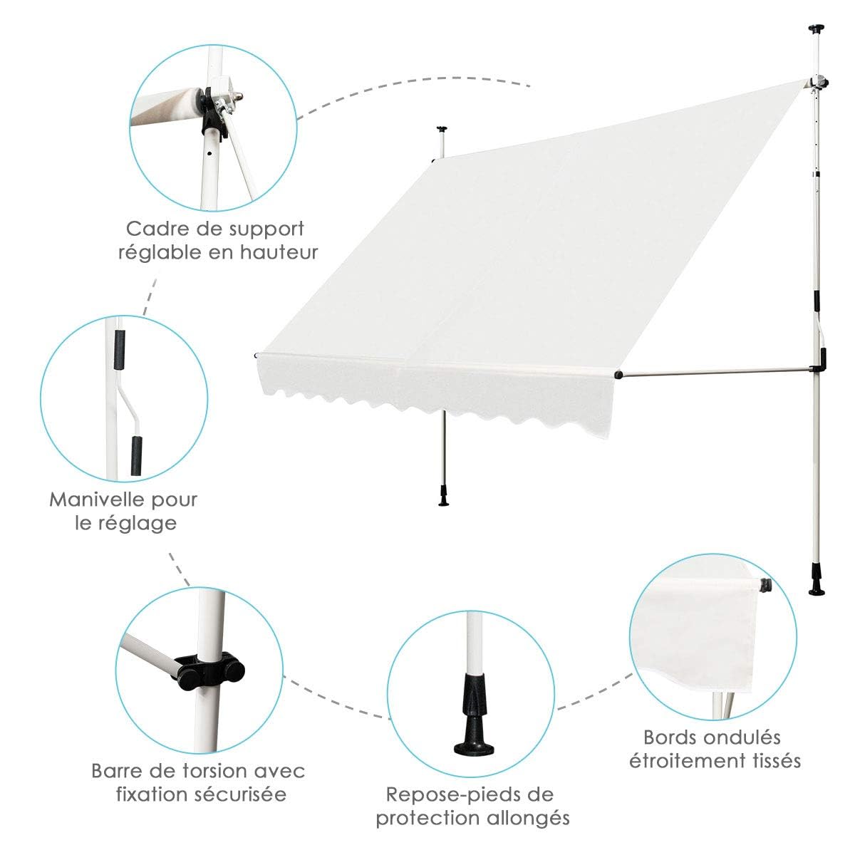 RELAX4LIFE Store Banne Manuel sans Perçage, Auvent Balcon Rétractable avec Manivelle, Tissu Oxford Anti-UV Imperméable, Hauteur Réglable 2-3 M, Store Banne pour Porte Fenêtre (Beige, 300 X 125 cm)