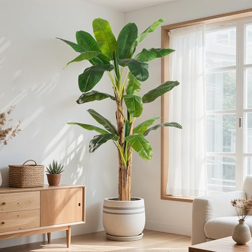 Image of 7ft Extra Tall Artificial Banana Tree, Fake Banana Leaf Plant with 19 Faux Banana Leaves, Perfect for Home Indoor Outdoor Patio Office Tropical Decor