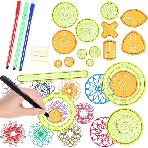 DERCHIA くるくる回し 定規 27点セット ホイール塗装 デザイン定規 お絵描き定規 幾何学模様 定規 お絵描きセット 回して 円 多機能絵画 花絵歯車 図面装飾 文房具 アイデアおもちゃ