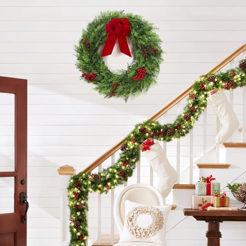 GarveeHome Christmas Wreaths for Front Door, 24 Inch Large Outdoor Christmas Wreath with Berries Velvet Bow, Winter Artificial Cypress Wreath Xmas Wreath for Indoor Window Wall Fireplace Holiday Decor