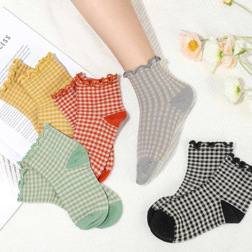 Image of 6 Pairs Cute Ruffle Socks for Women, Vintage Striped Frilly Sock Cute Checkered Ankle Socks for Women Cotton Knit Casual Crew Socks Size 5-9