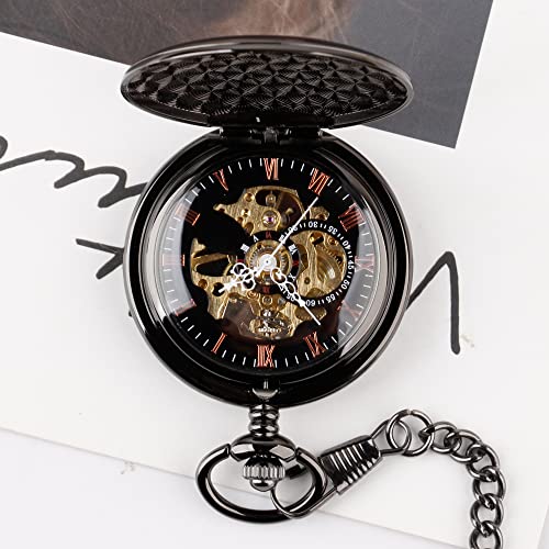 Image of Mens Pocket Watch Skeleton Mechanical Hand Winding Half Hunter Silver Black Golden Case Roman Numerals with Gift Box