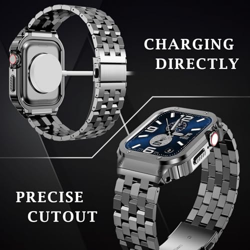 Image of SUPLINK Stainless Steel Case with Bands Compatible with 42mm 44mm Apple Watch Band Men, Metal Rugged Protective Bumper for iWatch Apple Watch Series SE (3 /2 /1) 6 5 4 3 2 1, Space Grey