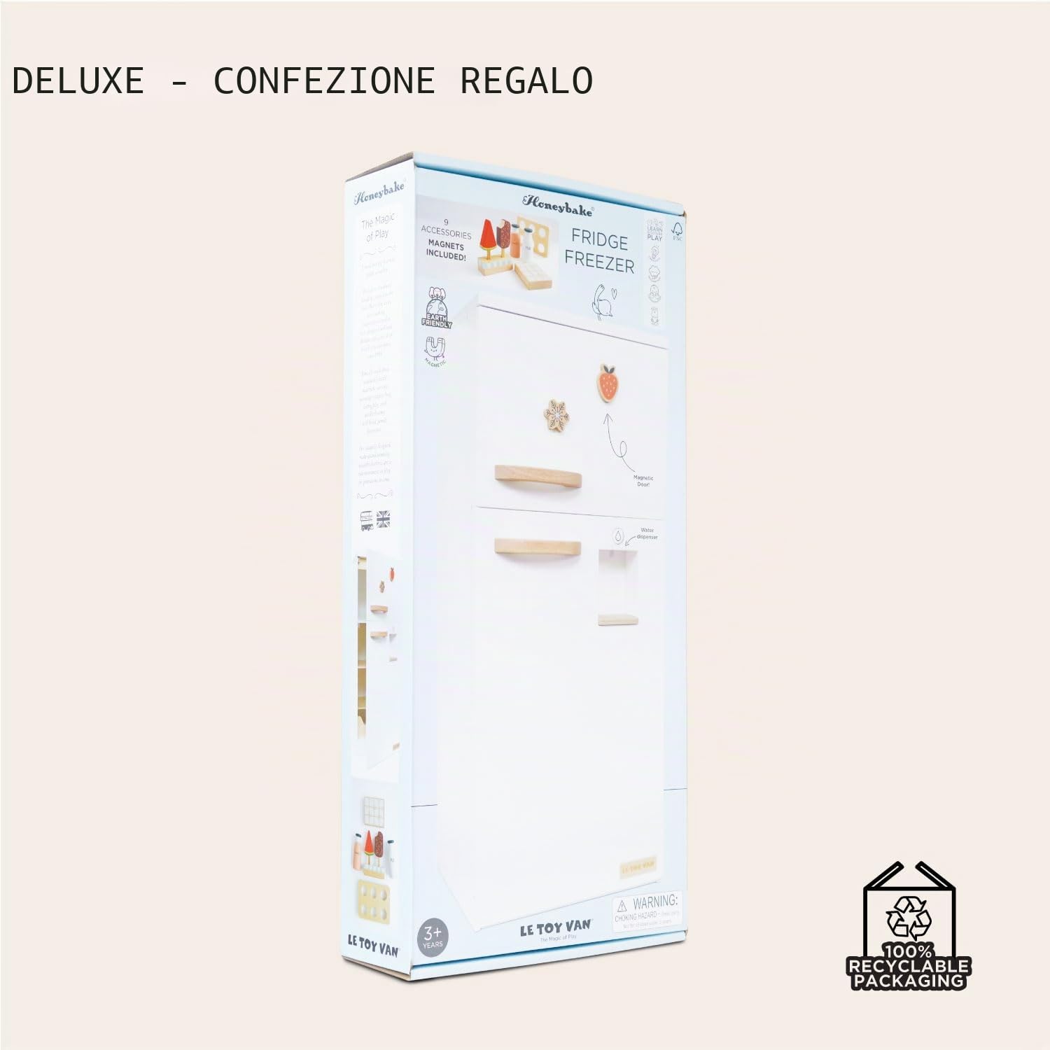 Le Toy Van - TV348 - Gioco educativo frigo giocattolo bambina, per bambini dai 3 anni, per cucina giocattolo in legno Montessori, accessori inclusi, freezer con sportello magnetico