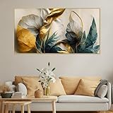 DEKORSTATION Canvas Floral Painting for Bedroom Living Room Wall Decoration Abstract Elegant Golden Flower Floating Frame Wall Paintings for Home and Office Décor Size : 24x48 Inches