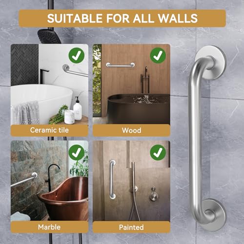 Image of AmazerBath Shower Grab Bars for Seniors Anti Slip, Bath Safety Grab Bar for Needy, Stainless Steel Bathroom Safety Grab Bars, Thickened Bar Bigger Base Holds 500LBS, 16 inch L x 1.25 inch D, Brushed Nickel