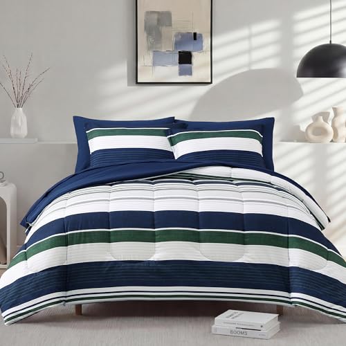 Image of Monbix Queen Comforter Set - 7 Pieces Bed in a Bag Queen, Indigo Blue-Stripe Bedding Sets, All Seasons Comforter Bed Set with Sheets, Pillowcases & Shams